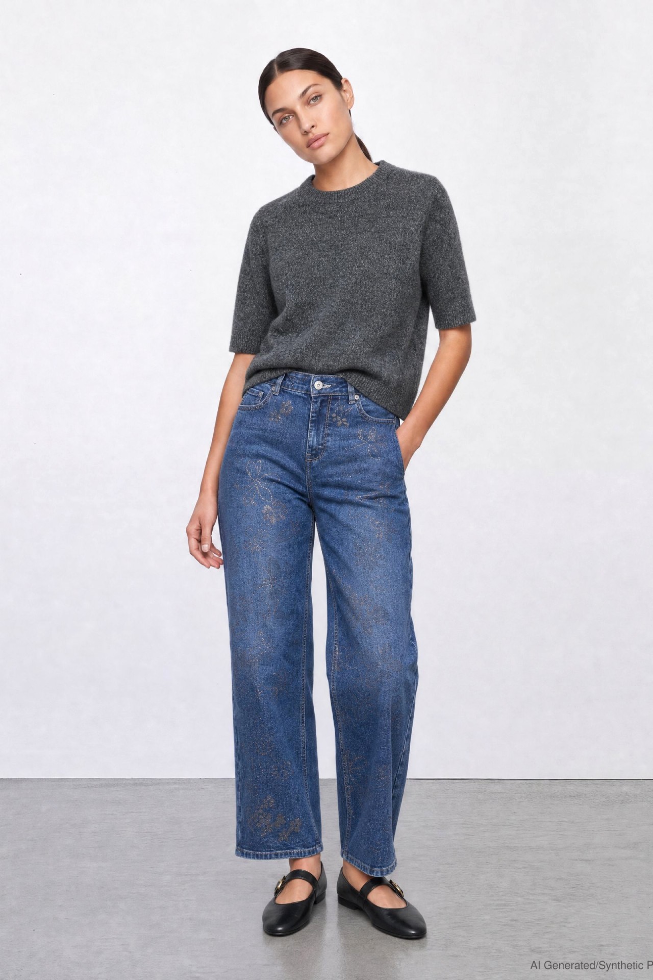 57Zoe, Wide-Leg-Jeans, glänzender Blumenprint